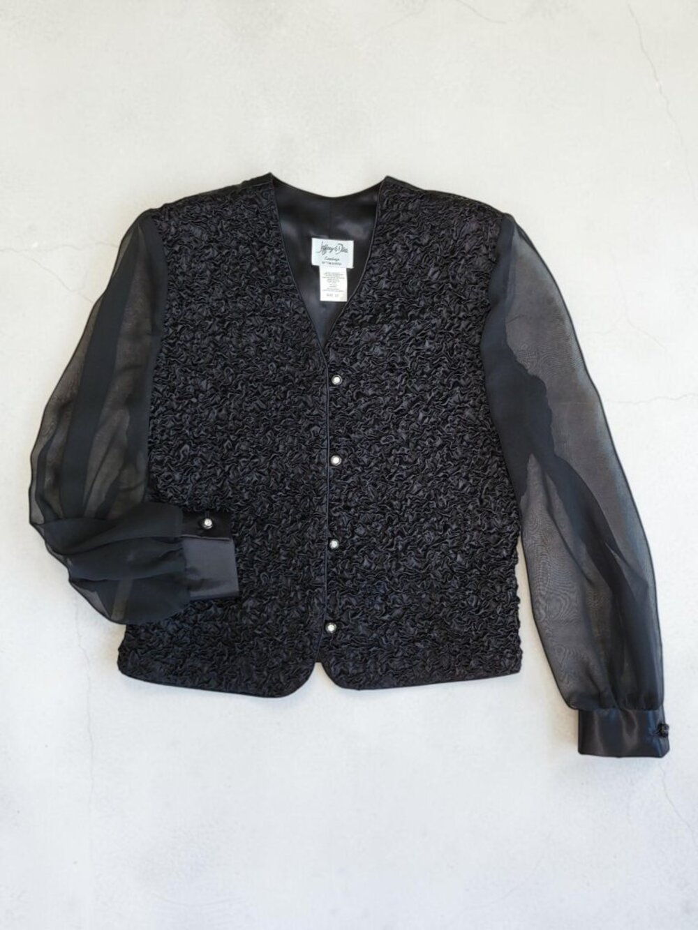 Vintage Jeffrey & Dara Black Ruched Satin Evening Jacket Size 12